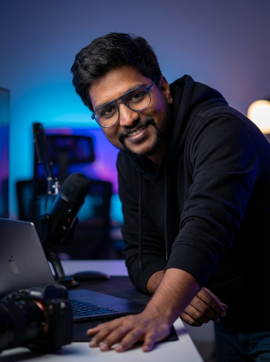 Eugene Samuel working at his desk with laptop and microphone